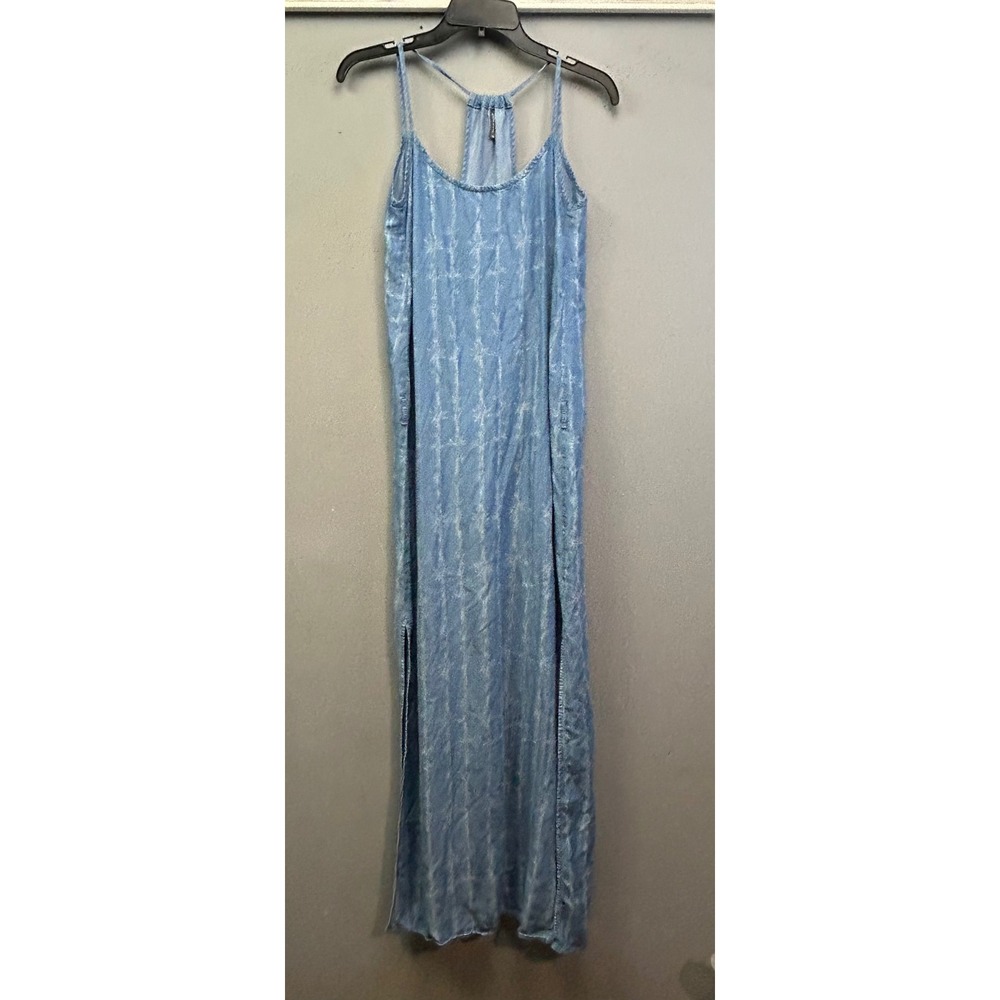 Naf Naf Maxi Dress Womens Small Blue Bamboo Print Racerback Chambray Side Slit